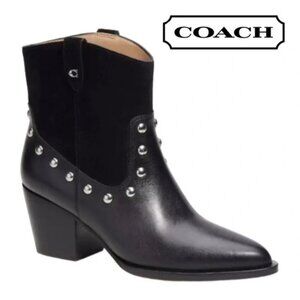 Coach Black Pauline Studded Black Leather Suede Glam Rock Cowboy Booties Boots